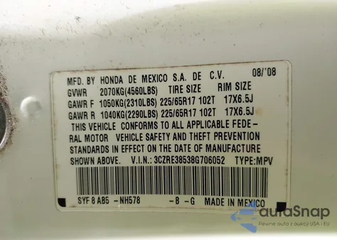 2008 Honda Cr-V Ex z USA, uszkodzony, nr VIN 3CZRE38538G706052